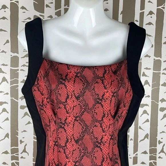 Red Snake-Print Sheath Dress with Black Panels - Picture 5 of 8